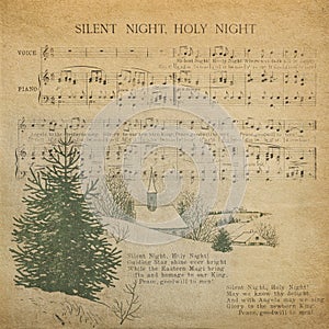 Christmas carol. Grungy paper. Old music sheet Silent Night