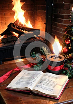 Christmas Carol Songbooks On A Wooden Table, With A Fireplace In The Background. Generative AI
