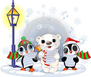 Christmas carolers. Polar bear and two penguins