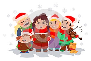 Christmas Caroling. Children singing. Vector photo