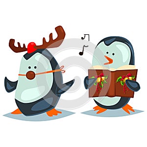 Christmas caroling with penguins vector Christmas illustration
