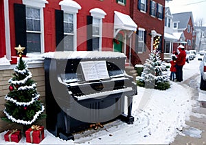 Christmas Carols Being Sung Around A Neighborhood Piano, In A Snowy Street. Generative AI