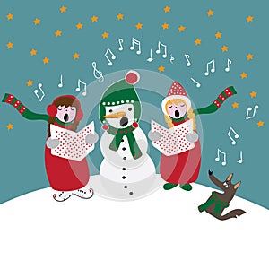 Christmas carols , children with snowman and dog singing, vector illustration