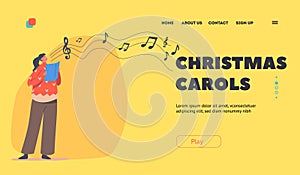 Christmas Carols Landing Page Template. Cute Child Caroling, Happy Kid Character Wear Knit Sweater Singing Songs