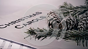 Christmas carols with pine cones and needles winter display