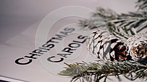 Christmas carols with pine cones and needles winter display