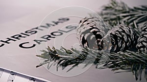 Christmas carols with pine cones and needles winter display