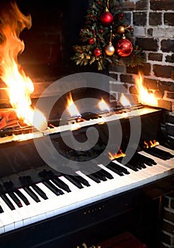 Christmas Carols Sheet Music On A Piano, With A Fire In The Background. Generative AI