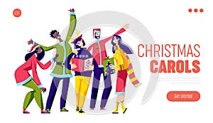 Christmas carols singing template landing page with cheerful group of people singing