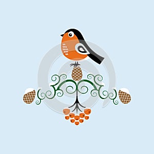 Christmas cartoon bullfinch. Vector illustration