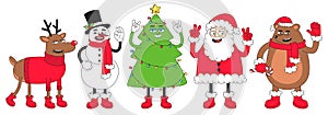 Christmas cartoon characters. Set of vector comic illustrations with snowman, reindeer, Santa Claus, Christmas tree.