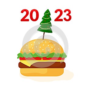 Christmas cartoon cheeseburger. 2023 fast food burger icon. Holiday banner for New Year hamburger. Celebration food