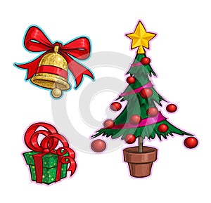 Christmas Cartoon Icon Set - Bell Gift Tree