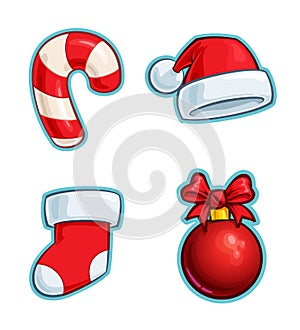 Christmas Cartoon Icon Set - Candy Cane Santa Hat Stocking Ball