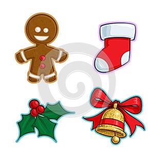 Christmas Cartoon Icon Set - Gingerbread Stocking Holly Bell