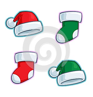 Christmas Cartoon Icon Set - Santa Claus Elf Hats Stockings