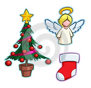 Christmas Cartoon Icon Set - Tree Angel Stocking