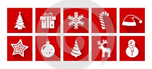 Christmas cartoon icons. New Year. Holiday decotarion set, red and white colors. Vector photo