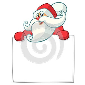 Christmas cartoon illustration of funny Santa Claus character holding blank scroll or sign for greeting text. Vector isolated.