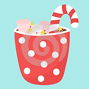 Christmas cartoon mug with a hot drink. Some candy canes and marshmalows. Starry decorations. Vector flat illustration