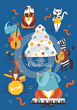 Christmas cartoon poster with cute jazz musicians characters.