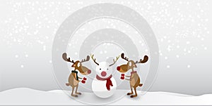 Christmas Cartoon reindeer Cute Character on winter snow background.