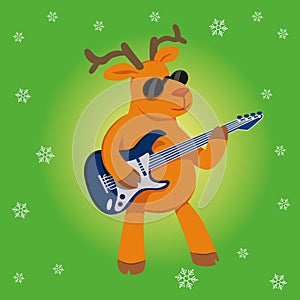 Christmas cartoon reindeer-musician plays the guitar. square green background