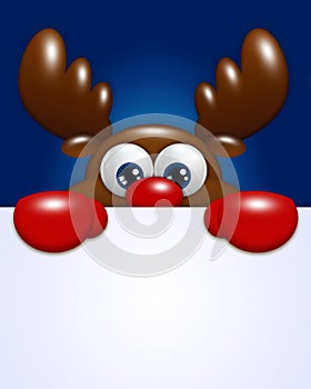 Christmas cartoon reindeer over blue background holding blank