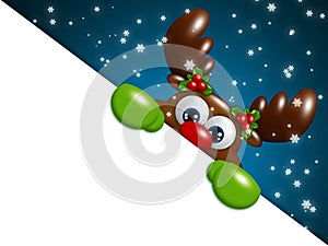 Christmas cartoon reindeer over blue background holding blank