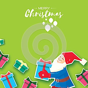 Christmas cartoon of Santa Claus holding a Gift box with bow. Paper Cut Merry Christmas Greeting card. Origami Winter