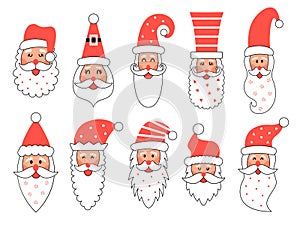 Christmas cartoon Santa Clause funny faces set