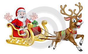 Christmas Cartoon Santa and Reindeer Sleigh