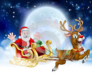 Christmas Cartoon Santa Reindeer Sleigh Scene