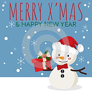 Christmas cartoon of Snowman with gift box and MERRY X`MAS & HAPPY NEW YEAR text.