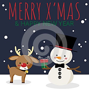 Christmas cartoon of Snowman, reindeer, gift box and MERRY X`MAS & HAPPY NEW YEAR text.