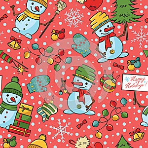 Christmas cartoon snowmen with decorations seamless pattern.