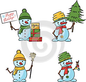 Christmas cartoon snowmen with tree, xmas decorations, broom