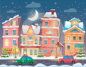 Christmas cartoon winter town in night. Vector llustration.