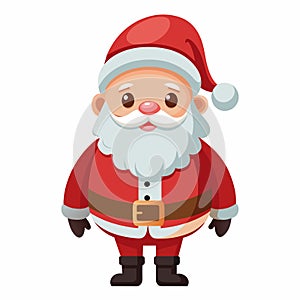 Christmas cartoonish santa standing in a red suit with a red hat and a white background. He is smiling and he is happy