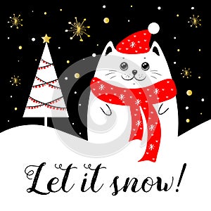 Christmas cat greeting card, let it snow