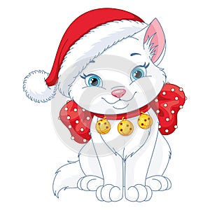 Christmas cat with Santa hat. Cartoon vector illustration