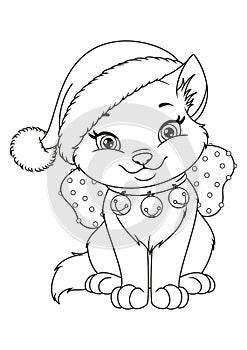 Christmas cat with Santa hat Coloring Page. Black and white cartoon illustration