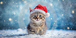 Christmas cat in santa hat on snow background. AI generated