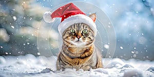 Christmas cat in santa hat on snow background. AI generated