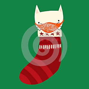 Christmas cat wearing a face mask cute holiday illustration. Pandemic awareness. Coronavirus Merry Christmas vector