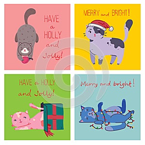 Christmas cats, Merry Christmas illustrations of boy and girl hugging cats, young person with pet portrait in flat