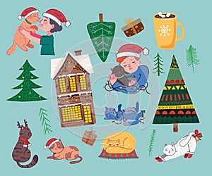 Christmas cats, Merry Christmas illustrations of boy and girl hugging cats, young persons, christmas tree, house, gifts