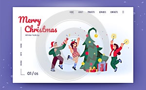 Christmas celebrate, dance people landing page. Outdoor night, winter tree with toys and gifts, woman jump with