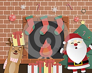 Christmas celebration background in paper cut style. Santa Claus and happy reindeer in a party in them`s house in front of