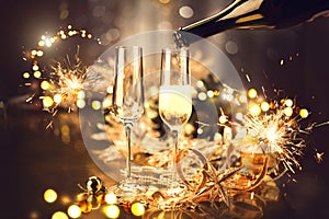 Christmas celebration with champagne. Holiday decorated table